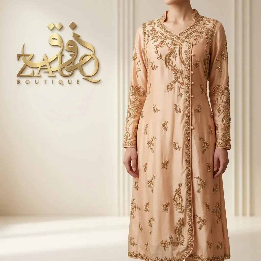 A peach side-tie angrakha with soft gold sprig work.