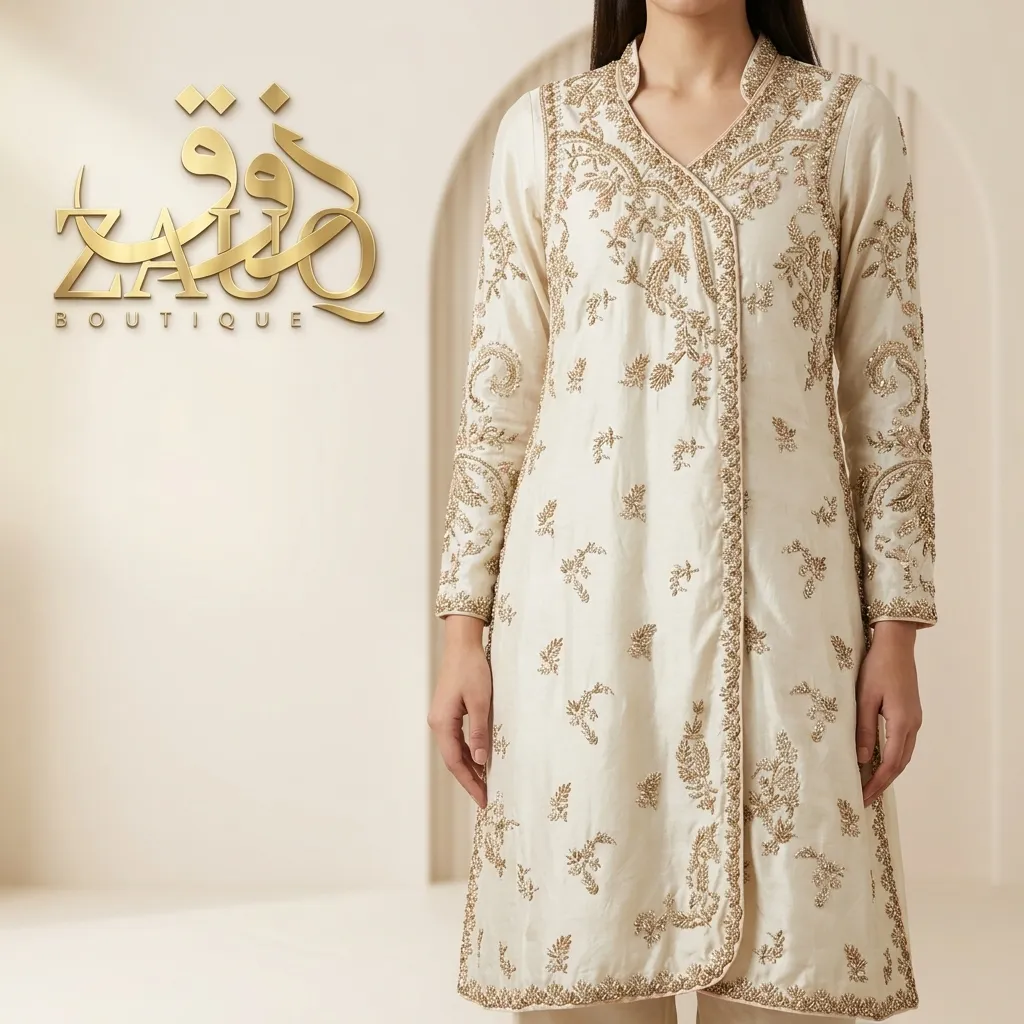 Ivory angrakha with a side-tied overlap and delicate gold floral embroidery