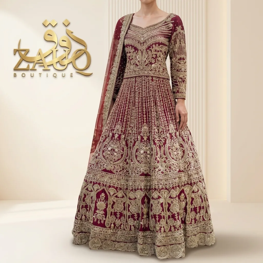 Red and gold bridal choli lehanga with dense zardozi across the bodice