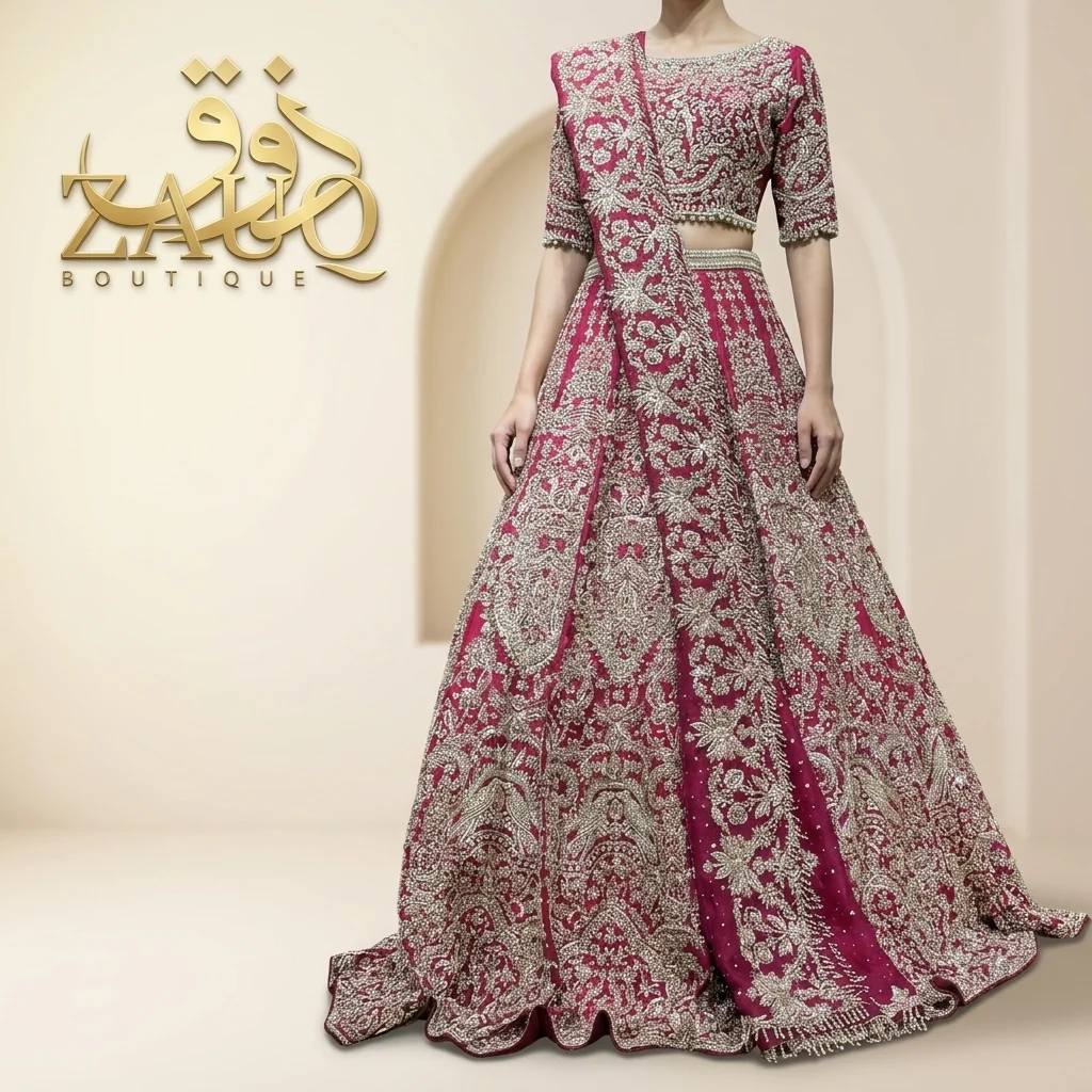 Magenta barat lehanga with dense gold and silver zardozi over the full skirt