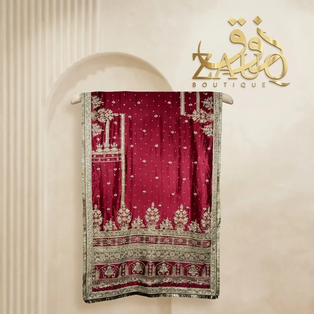 A crimson net shawl with a heavy gold border, to finish a bridal look.