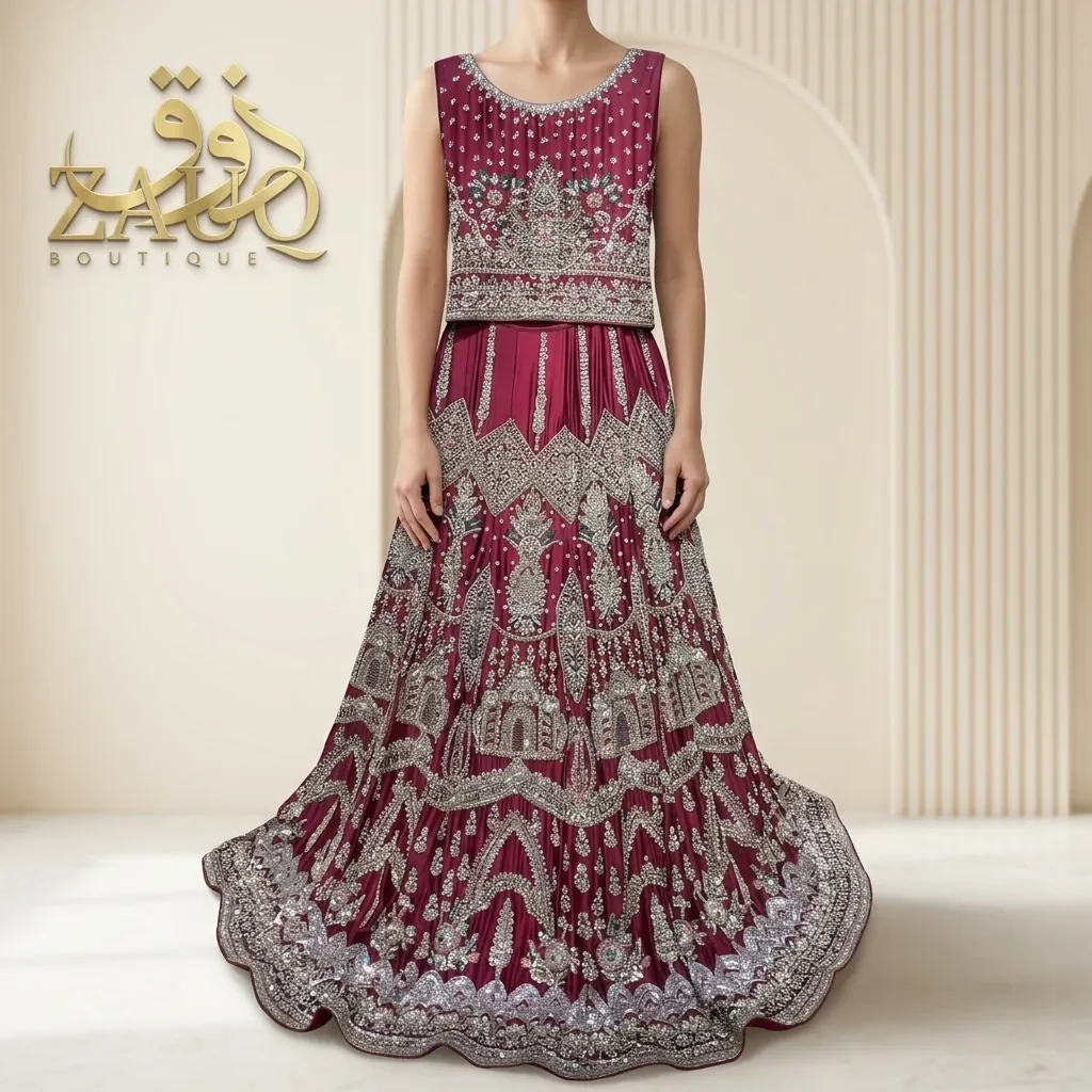Maroon under antique silver work, for a softer bridal look.
