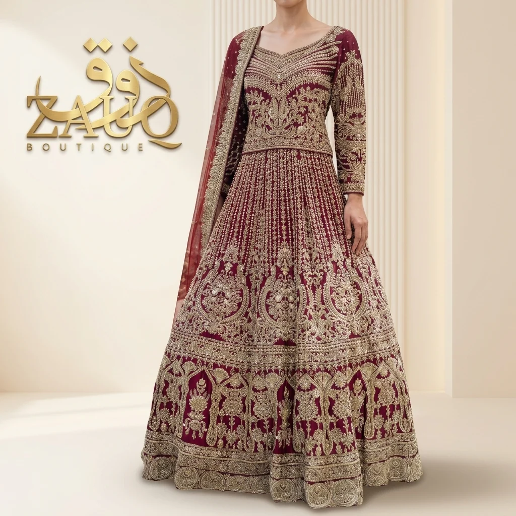 The traditional barat red, worked richly from choli to hem.
