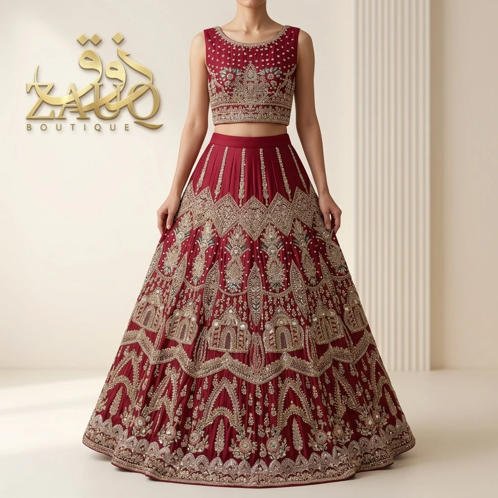 Deep crimson with heavy gold work across a full flared skirt.