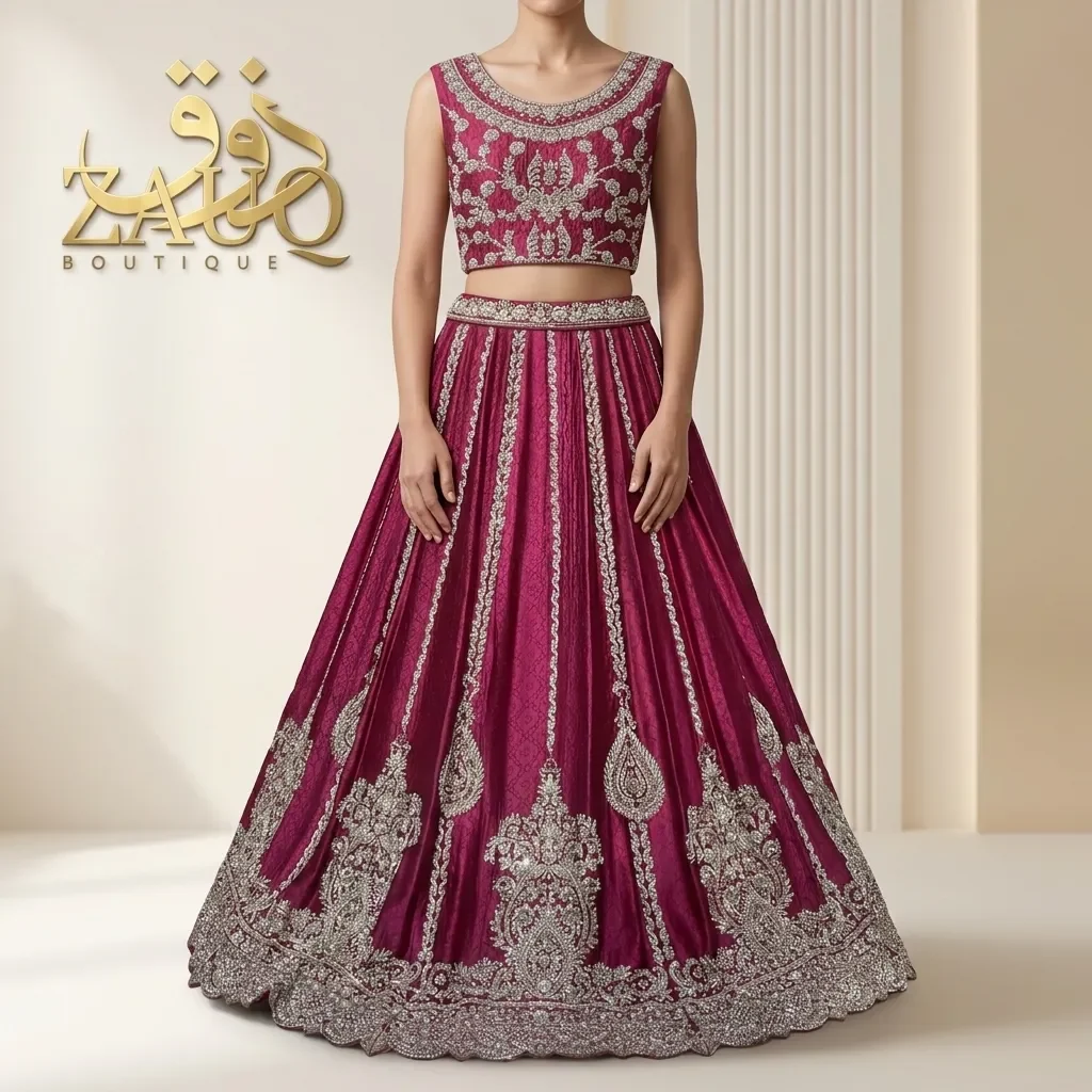 Magenta silk with dense gold panels down the skirt.