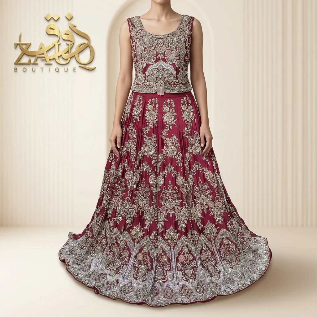 Maroon and silver, worked from the bodice to a wide trailing hem.