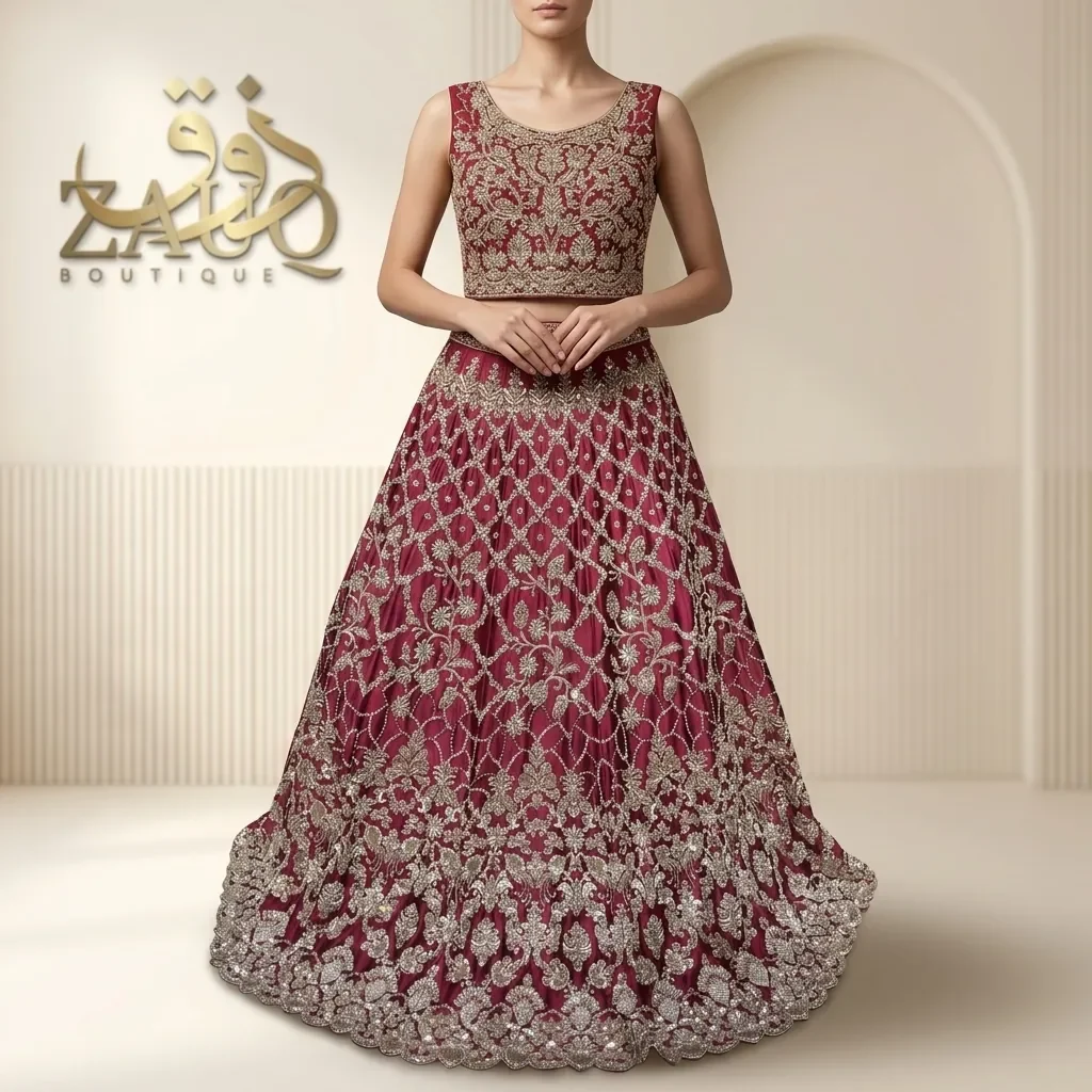 Rani pink with a scattered pearl bodice and a heavy border.