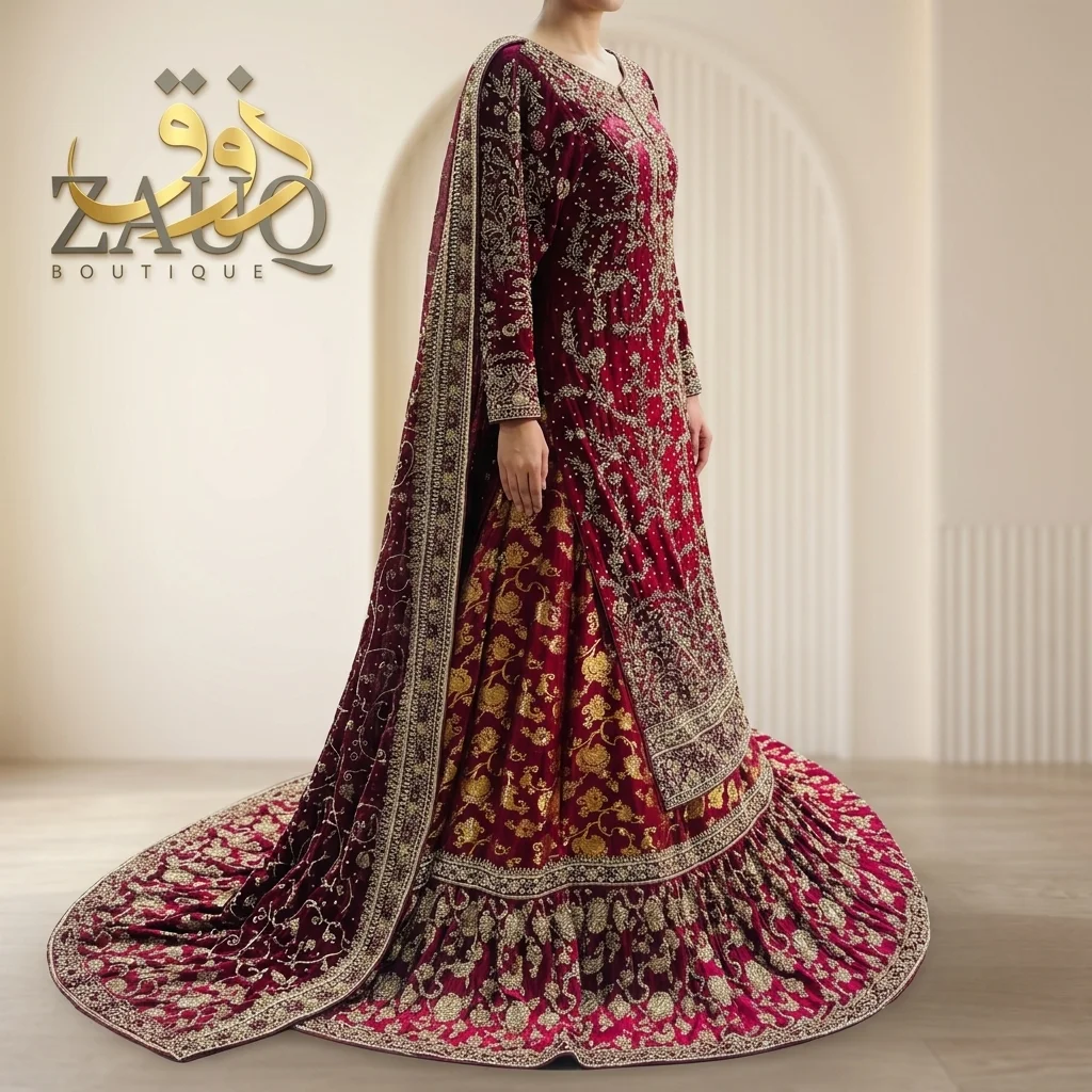 Deep maroon velvet farshi lehanga with gold zardozi and a full trailing hem