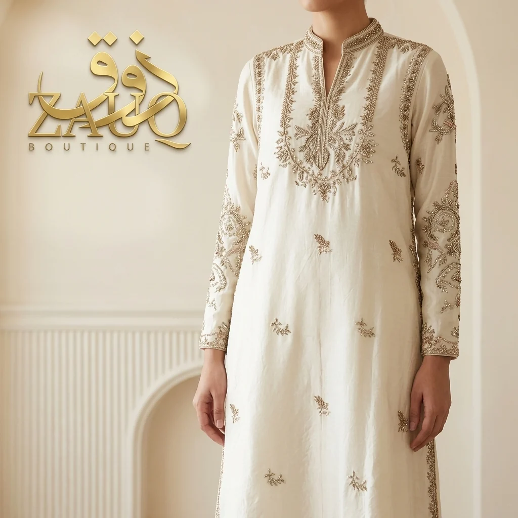 An ivory embroidered kurta to pair with trousers or a sharara.