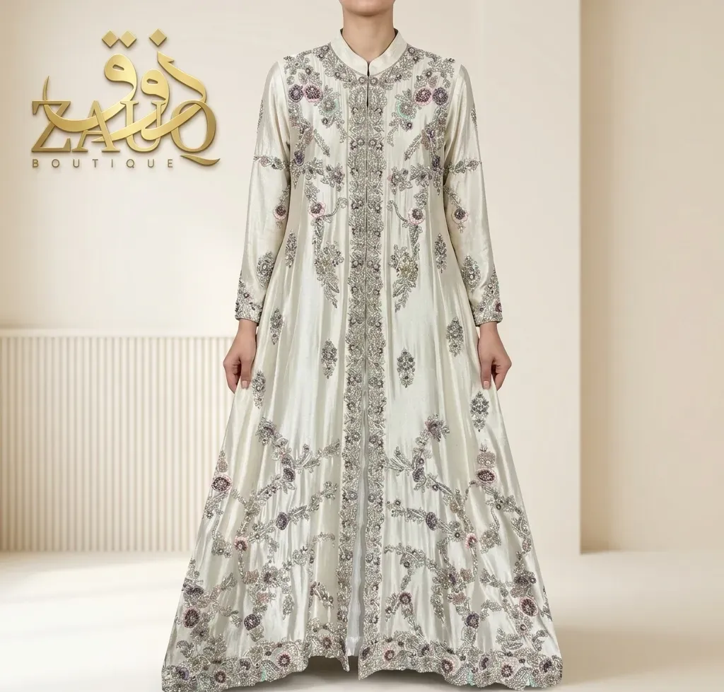 An ivory front-open gown with fine silver sprig work throughout.