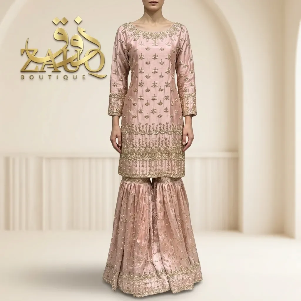 Rose pink with a lightly worked shirt over a flared gharara.
