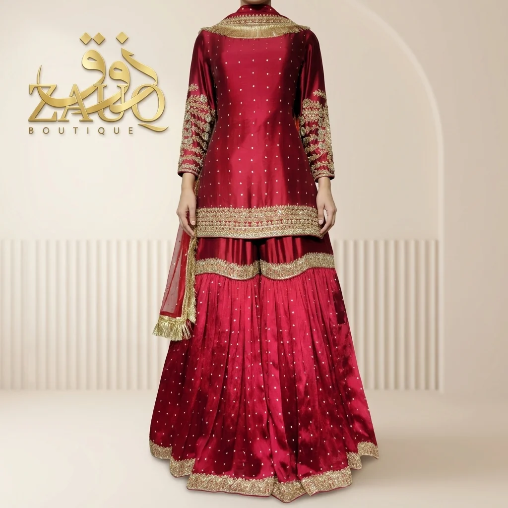 Red silk with a gold border and a scattered pearl bodice.