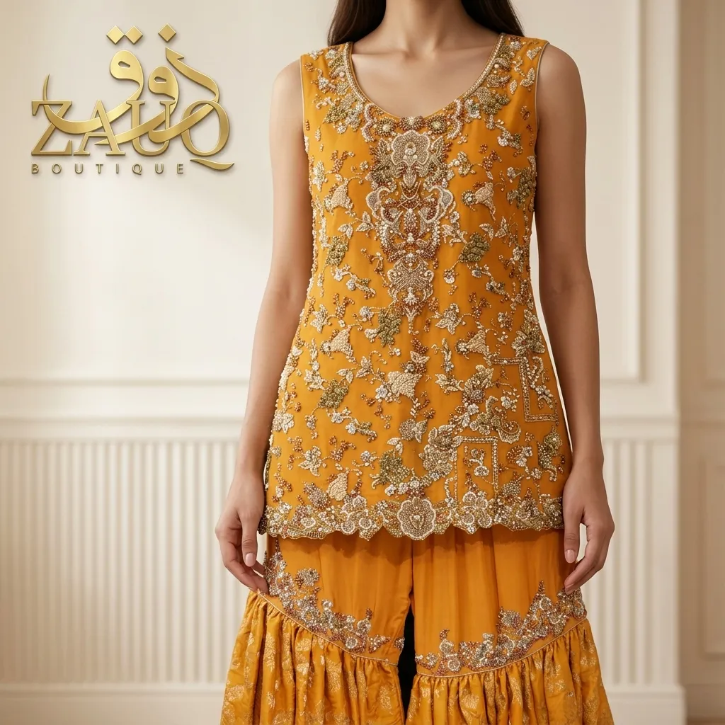 Deep red gharara with a gold embroidered border and a scattered pearl bodice