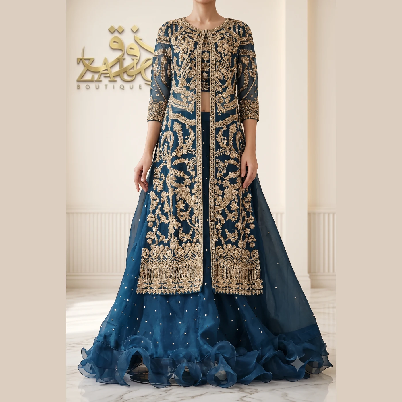 A navy front-open gown in heavy gold work, over a full farshi lehanga.