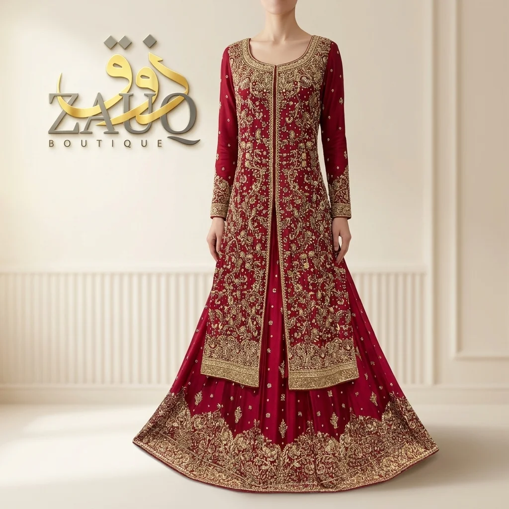 Red bridal gown with a long gold-embroidered jacket over a flared skirt