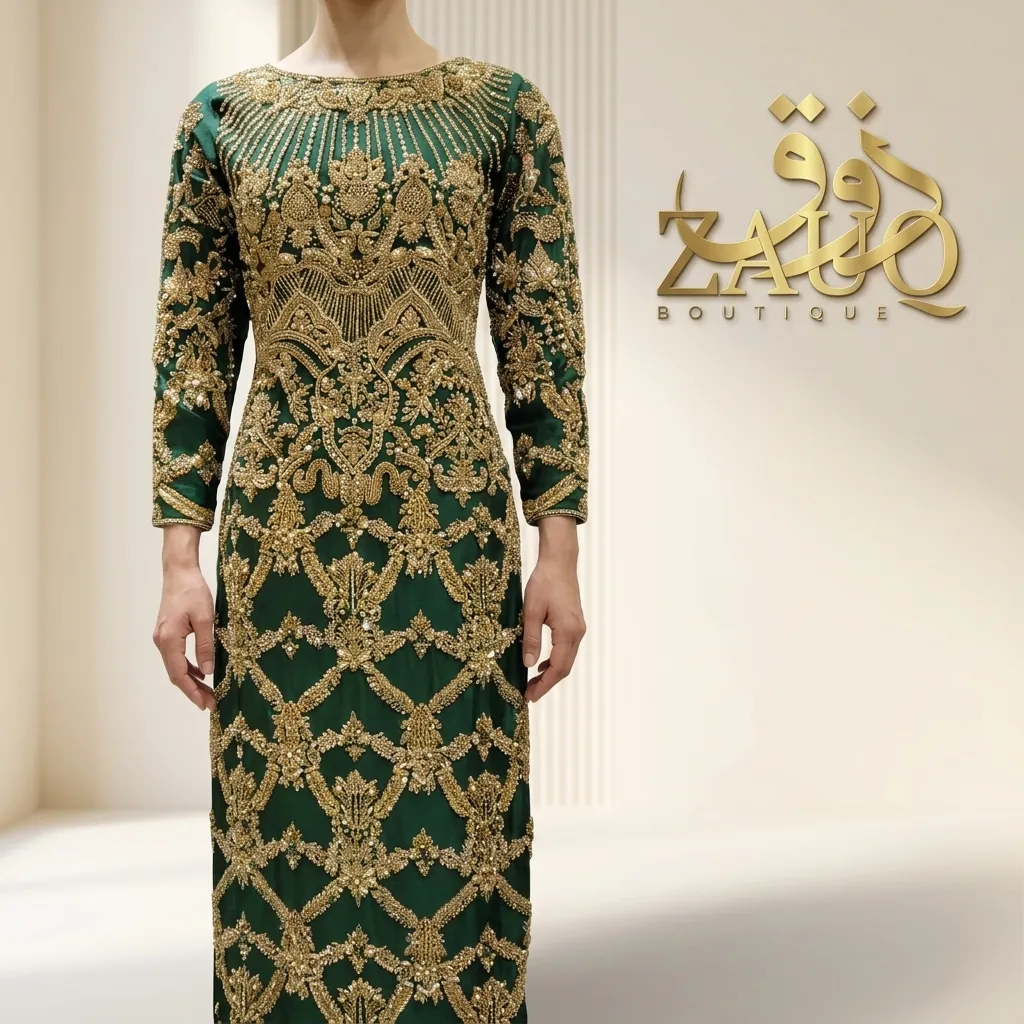 Emerald green formal shirt with gold embroidery on the front panel