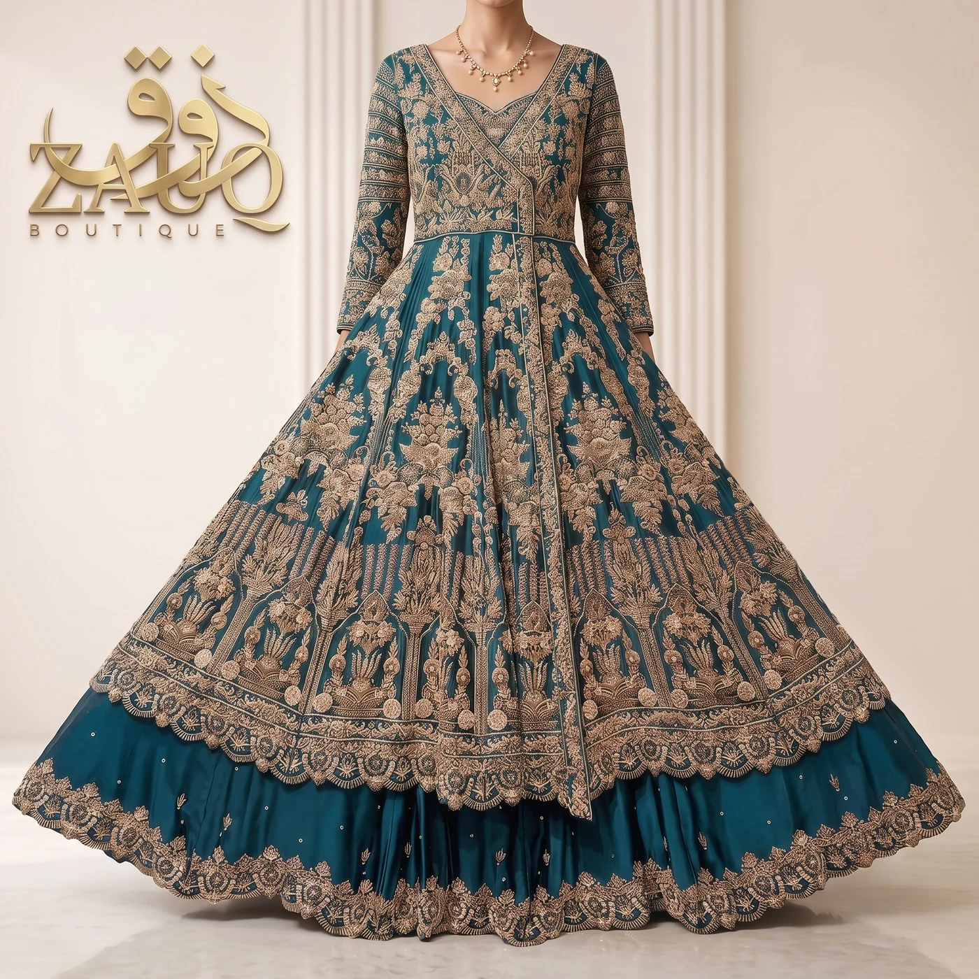 Peacock blue net over a silk base, worked edge to edge with silver and gold.