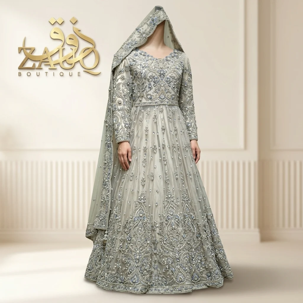 A flowing silver-grey maxi with an embroidered veil.