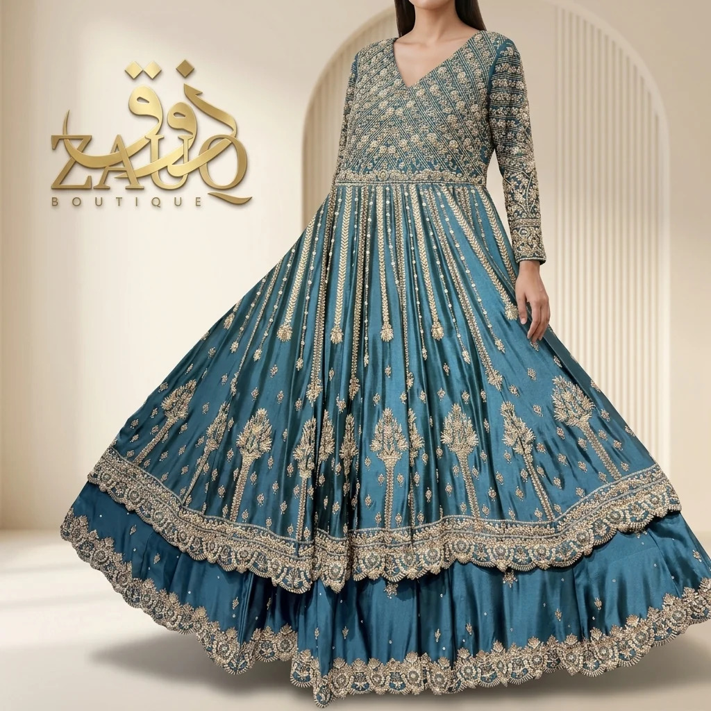 Teal with dense gold work and a wide flared hem.