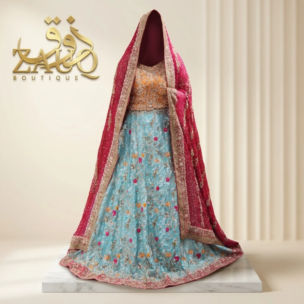 Turquoise and orange with a pink dupatta — a fresh mehndi palette.