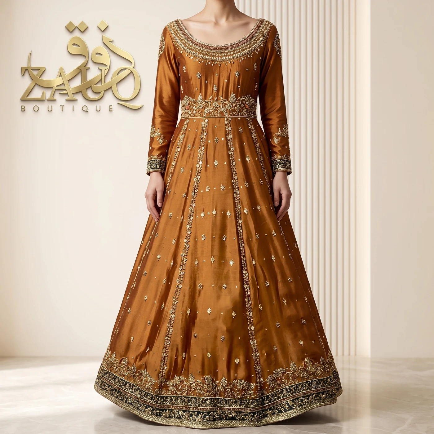 Copper silk with a worked bodice and a full flared hem.
