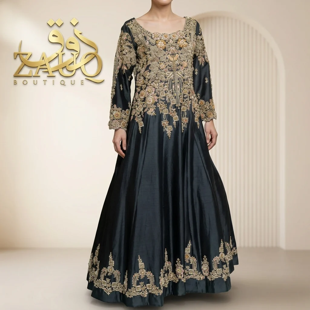 Navy silk with a gold border — long-line and understated.