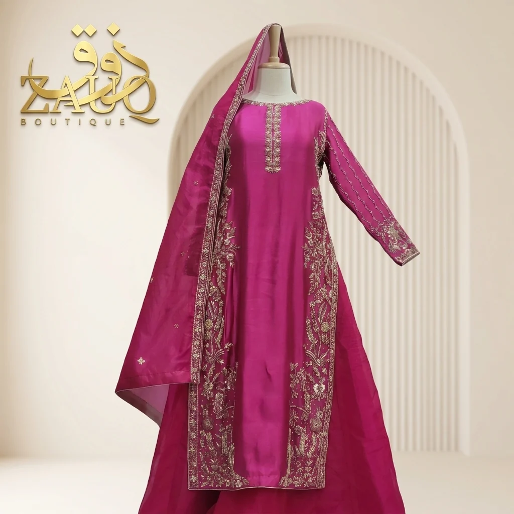 Magenta kurta and sharara, worked for a family function.