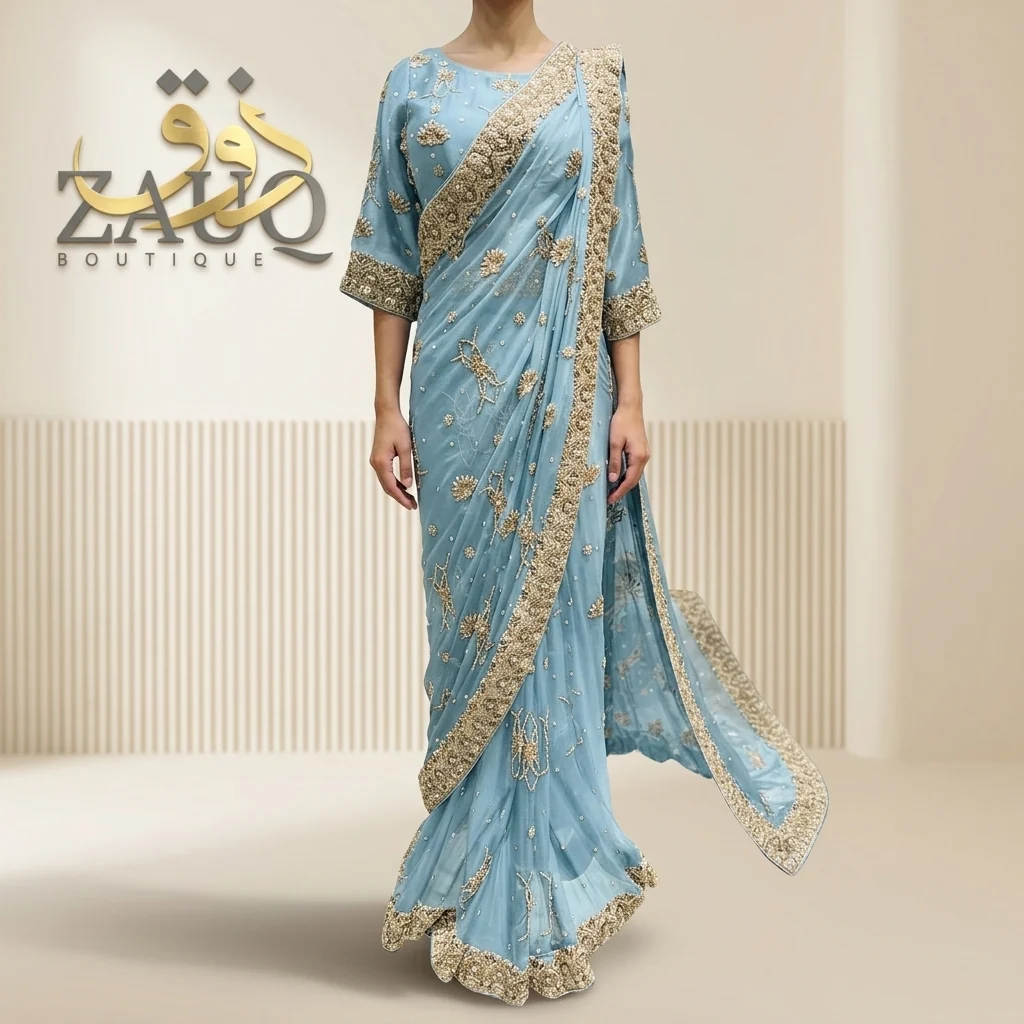 Ice blue chiffon with fine embroidery along the edge.