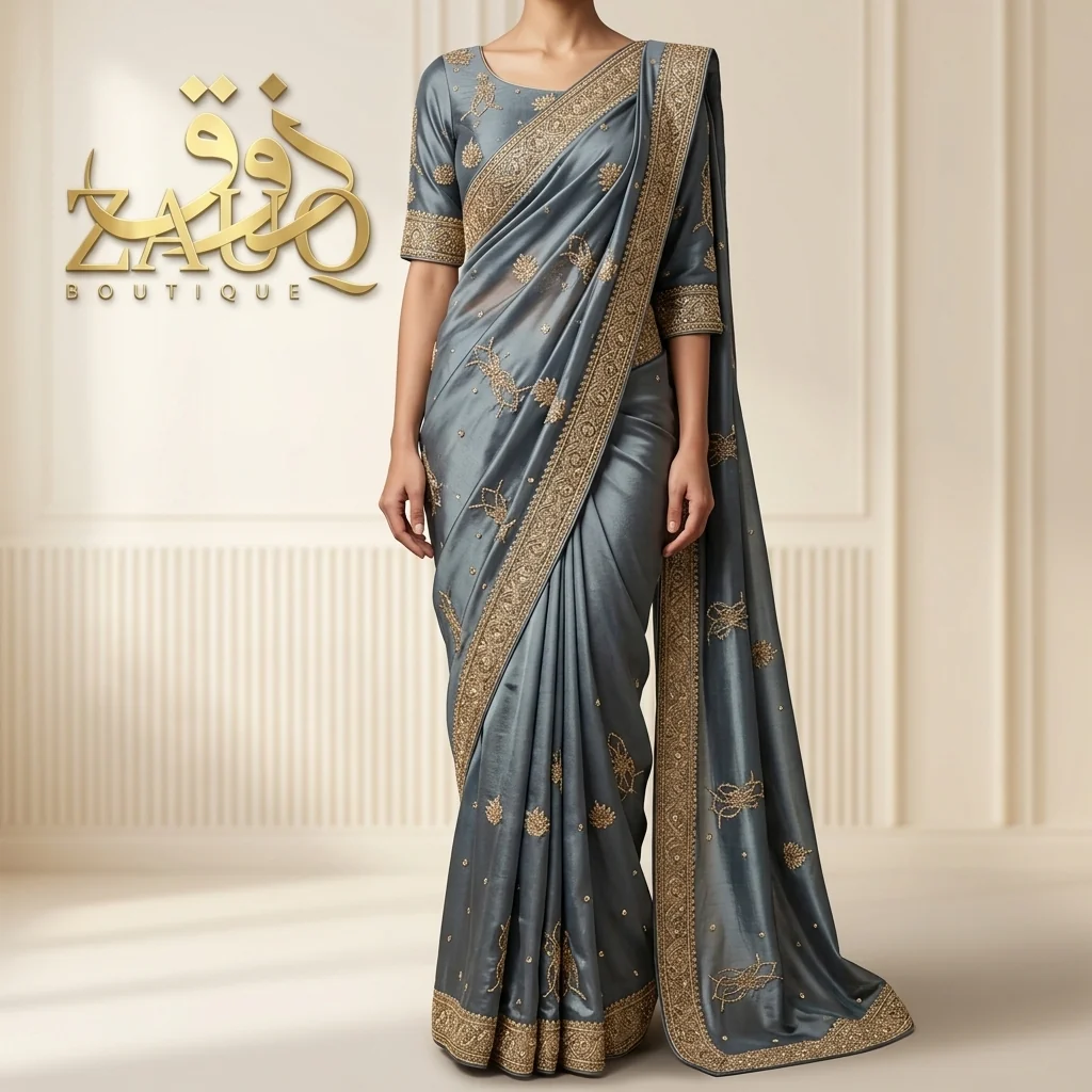 Steel grey with a gold pallu — modern and restrained.