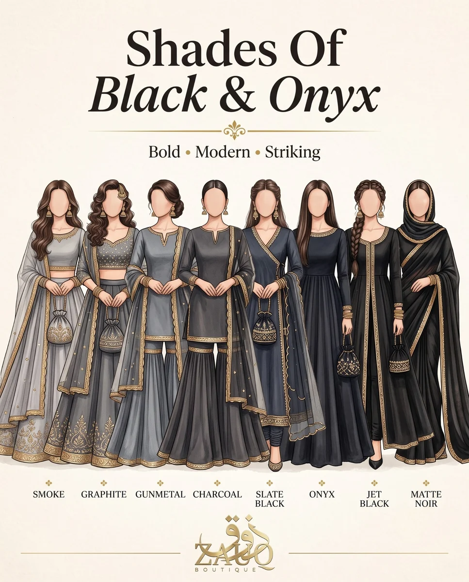 Zauq Boutique shade card: Black & Onyx — Bold · Modern · Striking