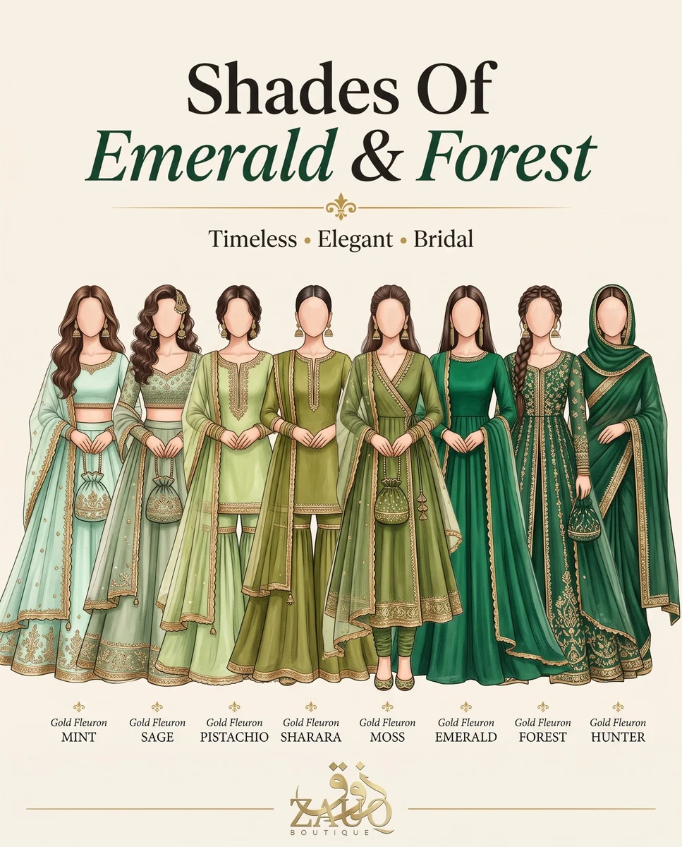 Zauq Boutique shade card: Emerald & Forest — Timeless · Elegant · Bridal