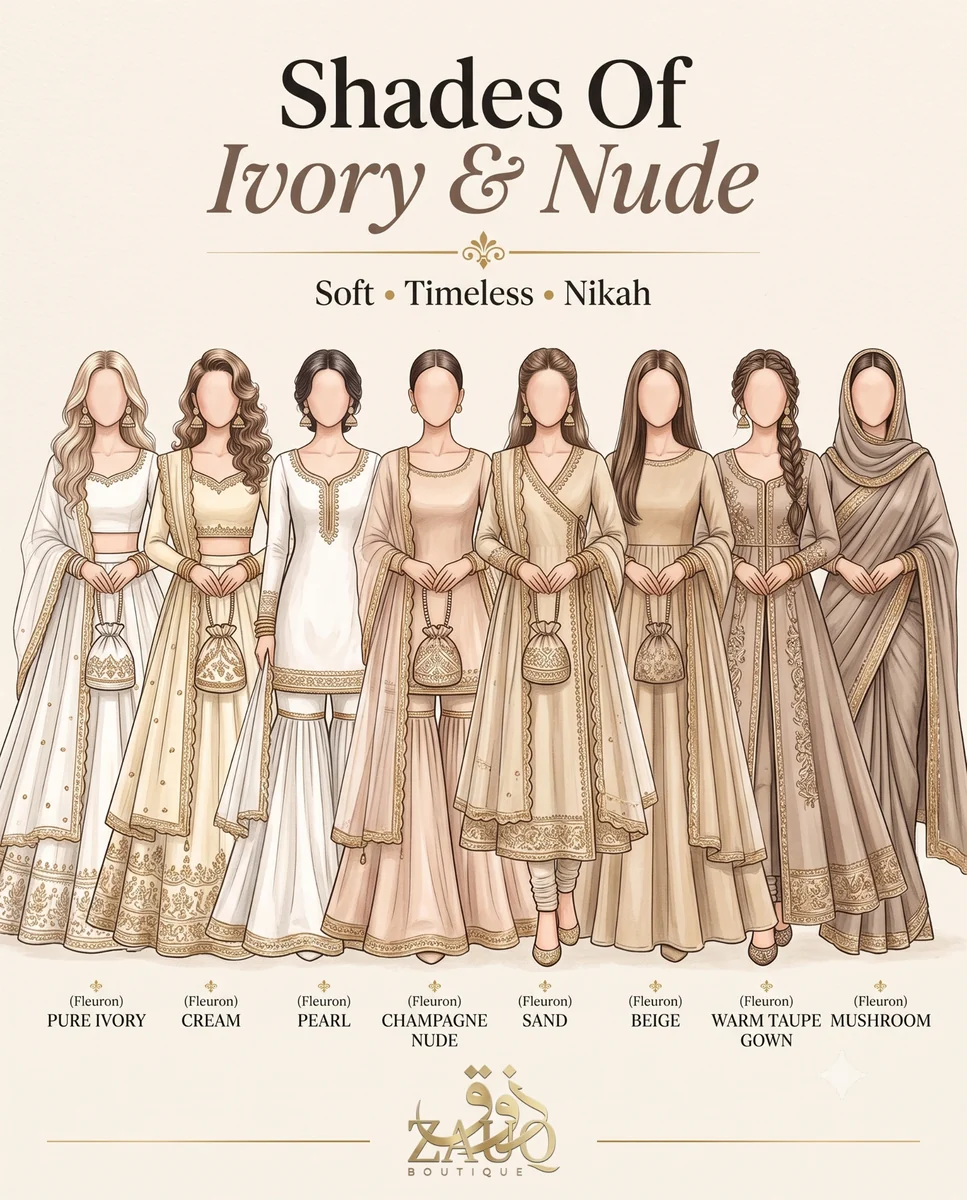 Zauq Boutique shade card: Ivory & Nude — Soft · Timeless · Nikah