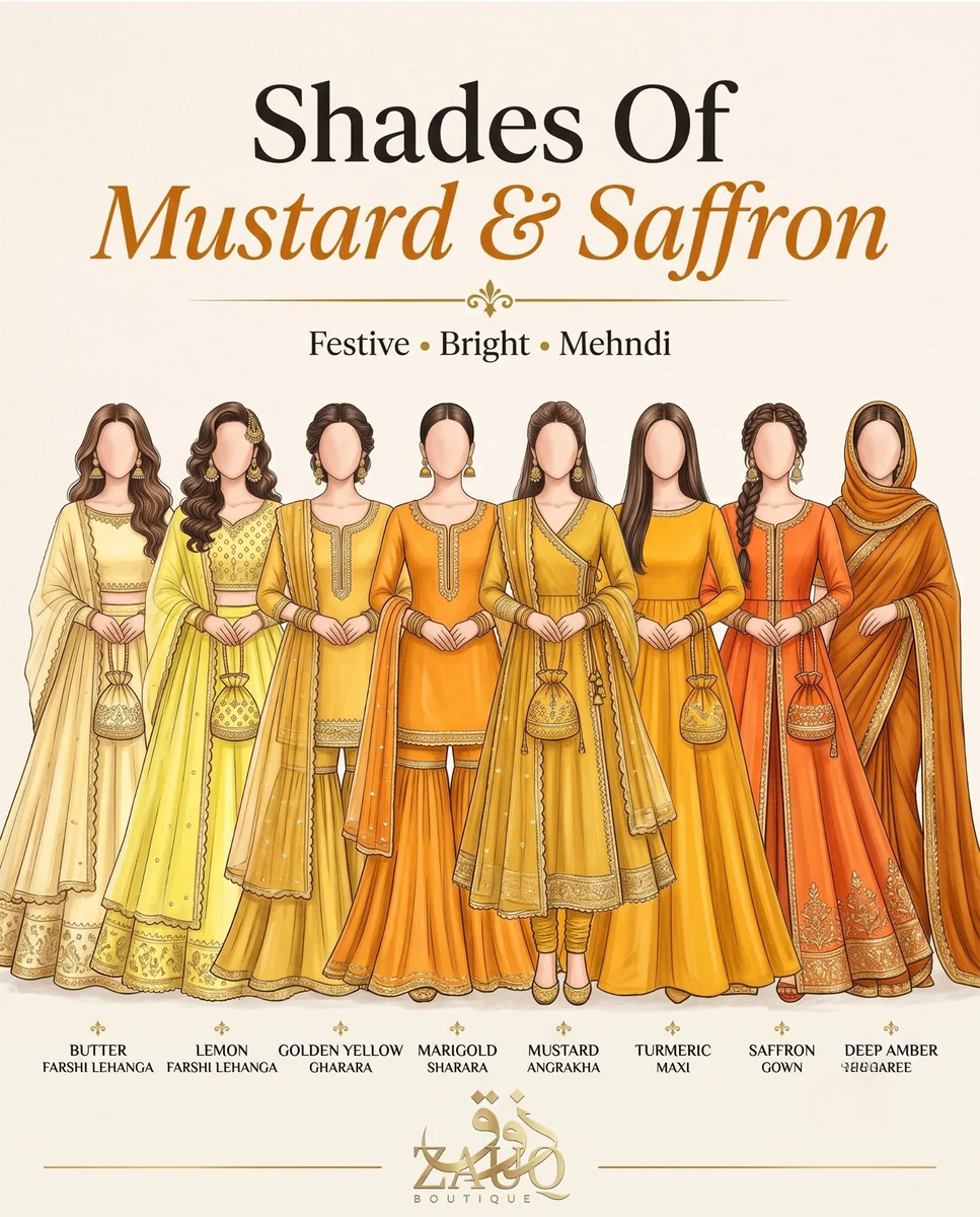 Zauq Boutique shade card: Mustard & Saffron — Festive · Bright · Mehndi