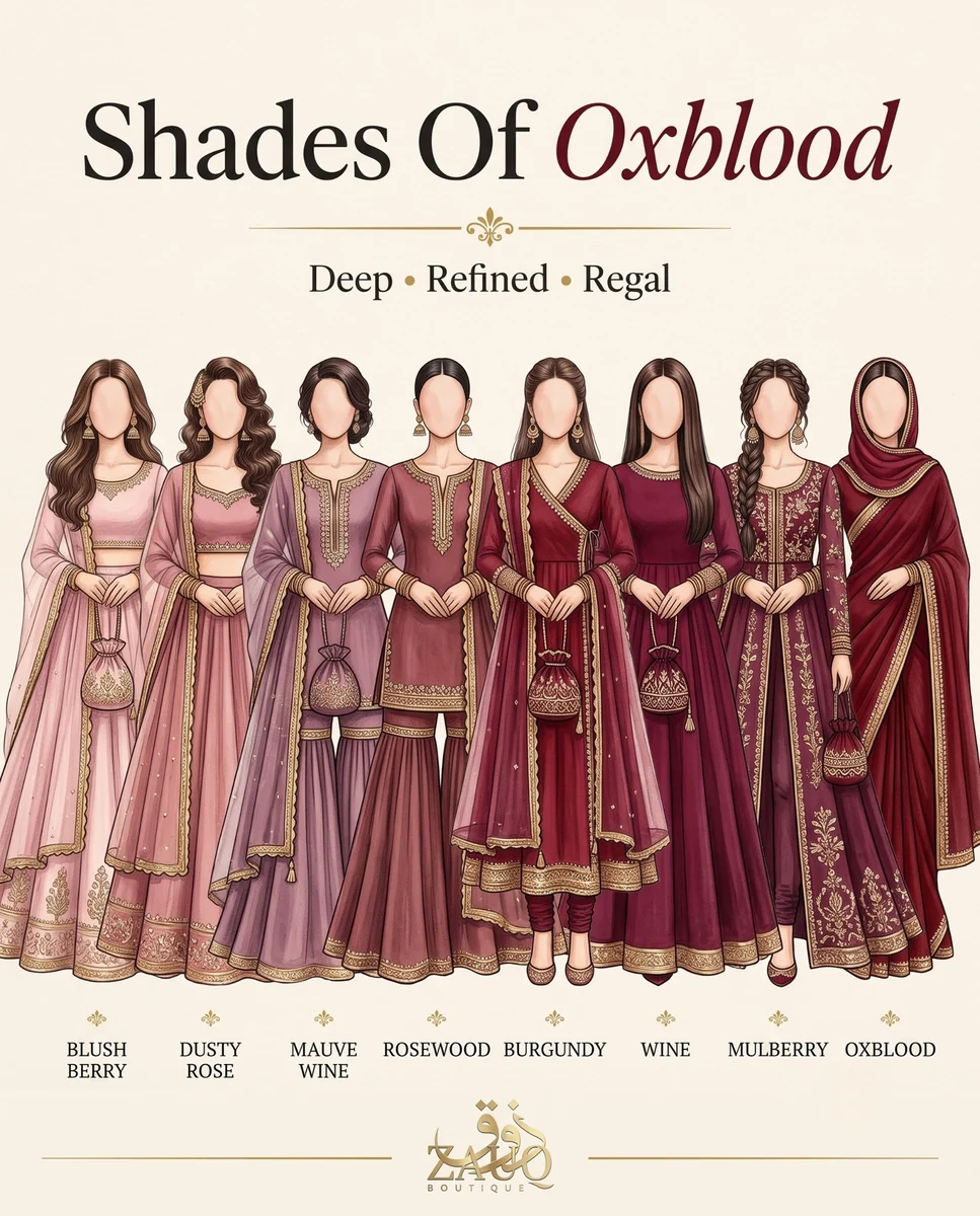 Zauq Boutique shade card: Oxblood — Deep · Refined · Regal