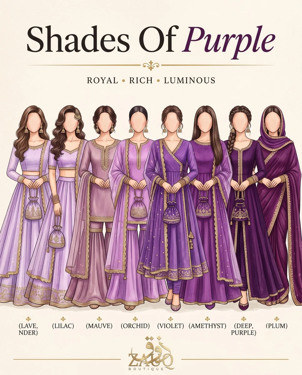 Zauq Boutique shade card: Purple — Royal · Rich · Luminous