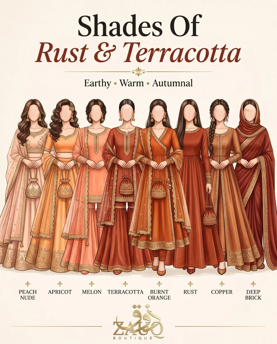 Zauq Boutique shade card: Rust & Terracotta — Earthy · Warm · Autumnal