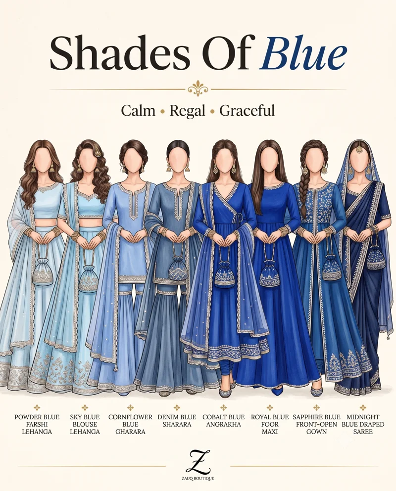 Zauq Boutique shade card: Shades of the Blue