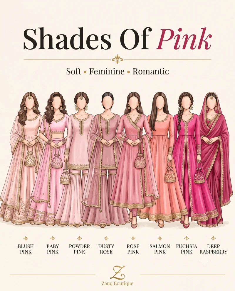 Zauq Boutique shade card: Shades of the Pink