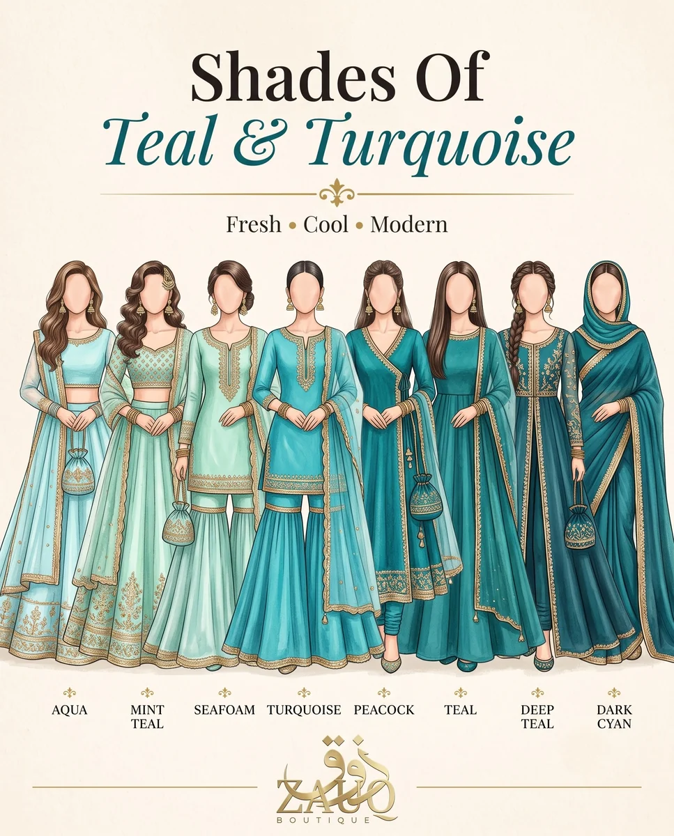 Zauq Boutique shade card: Teal & Turquoise — Fresh · Cool · Modern