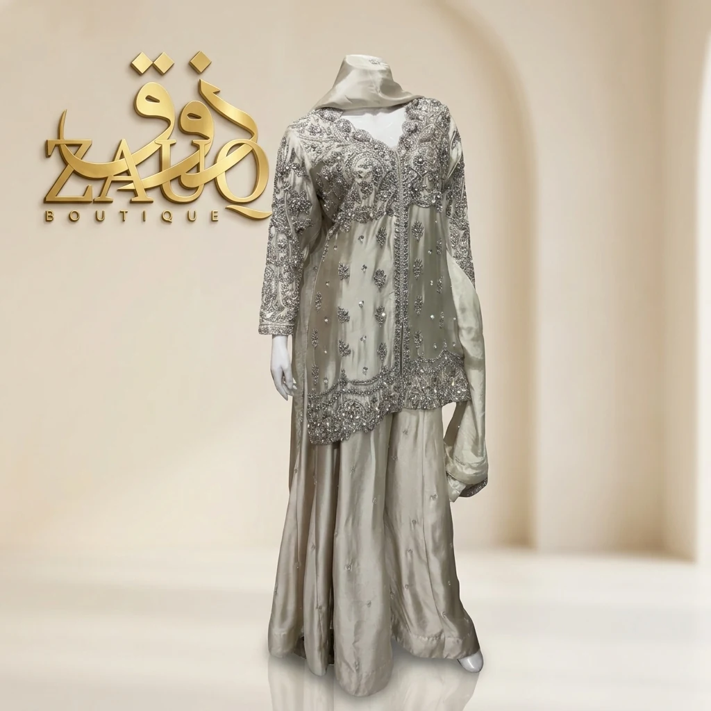 Pale silver with fine silver thread work and a soft, wide flare.