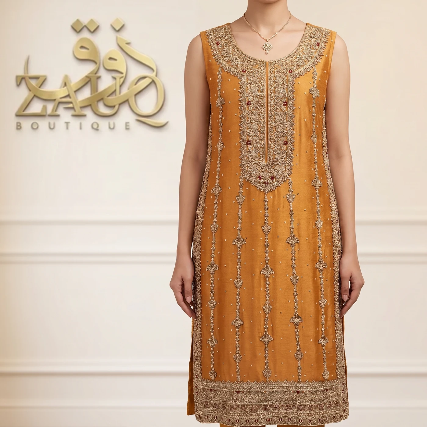 Mustard silk with a densely worked centre panel and a gold border.
