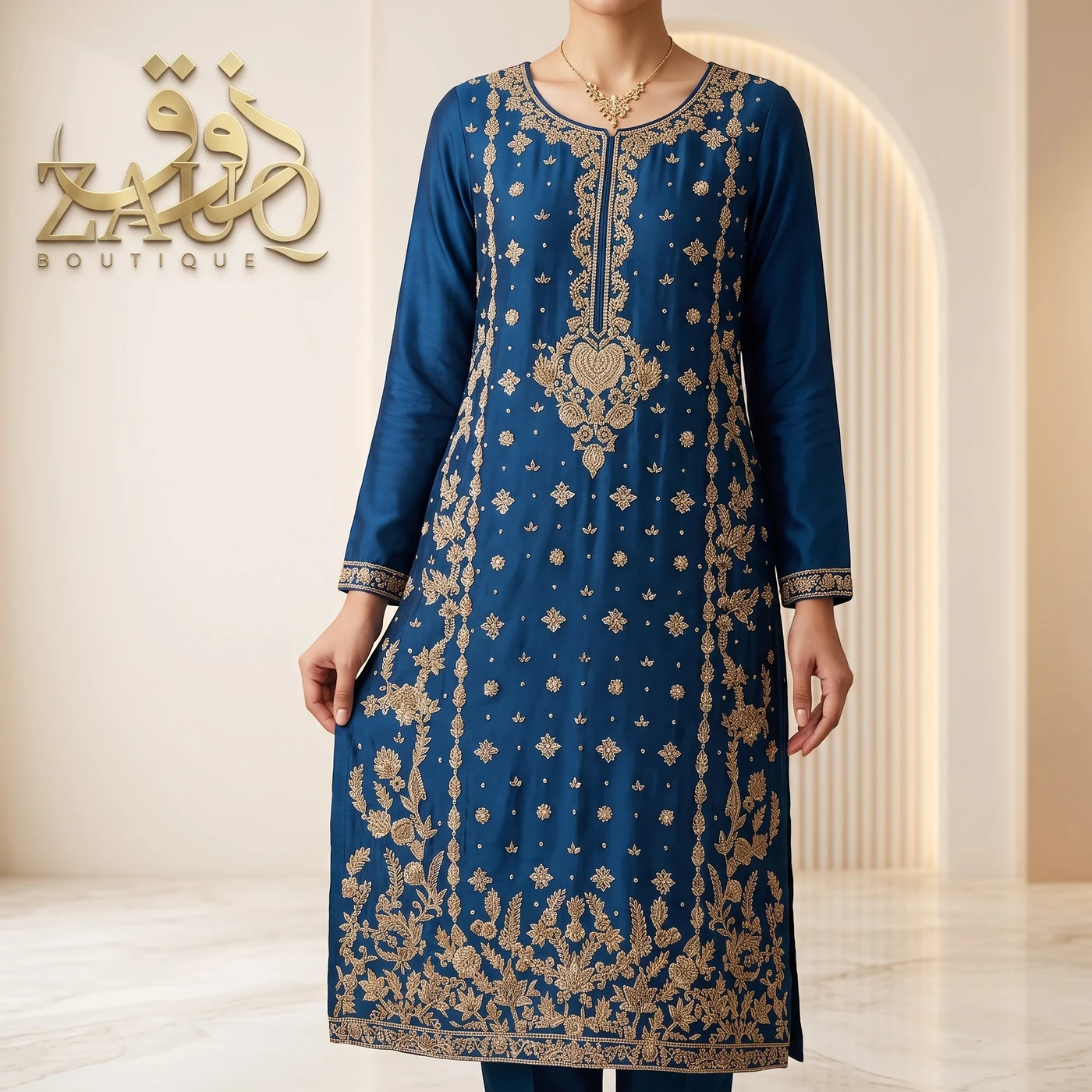 Navy silk with a gold-worked panel down the front and matching cuffs.