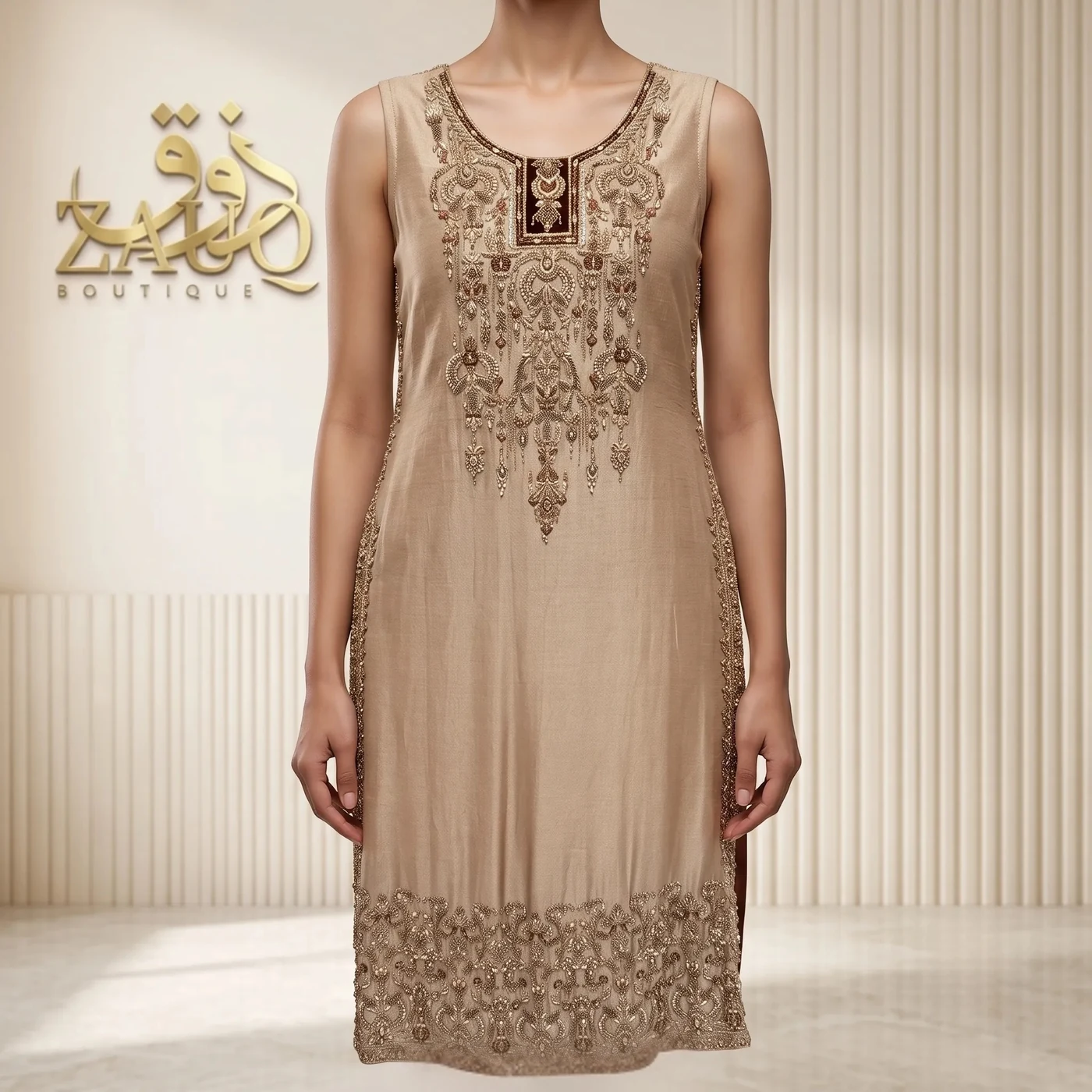 Taupe with a fine worked neckline — an easy formal piece.