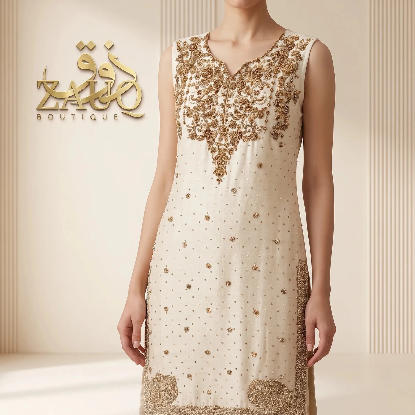 Ivory with a densely worked neckline and scattered pearl detail.