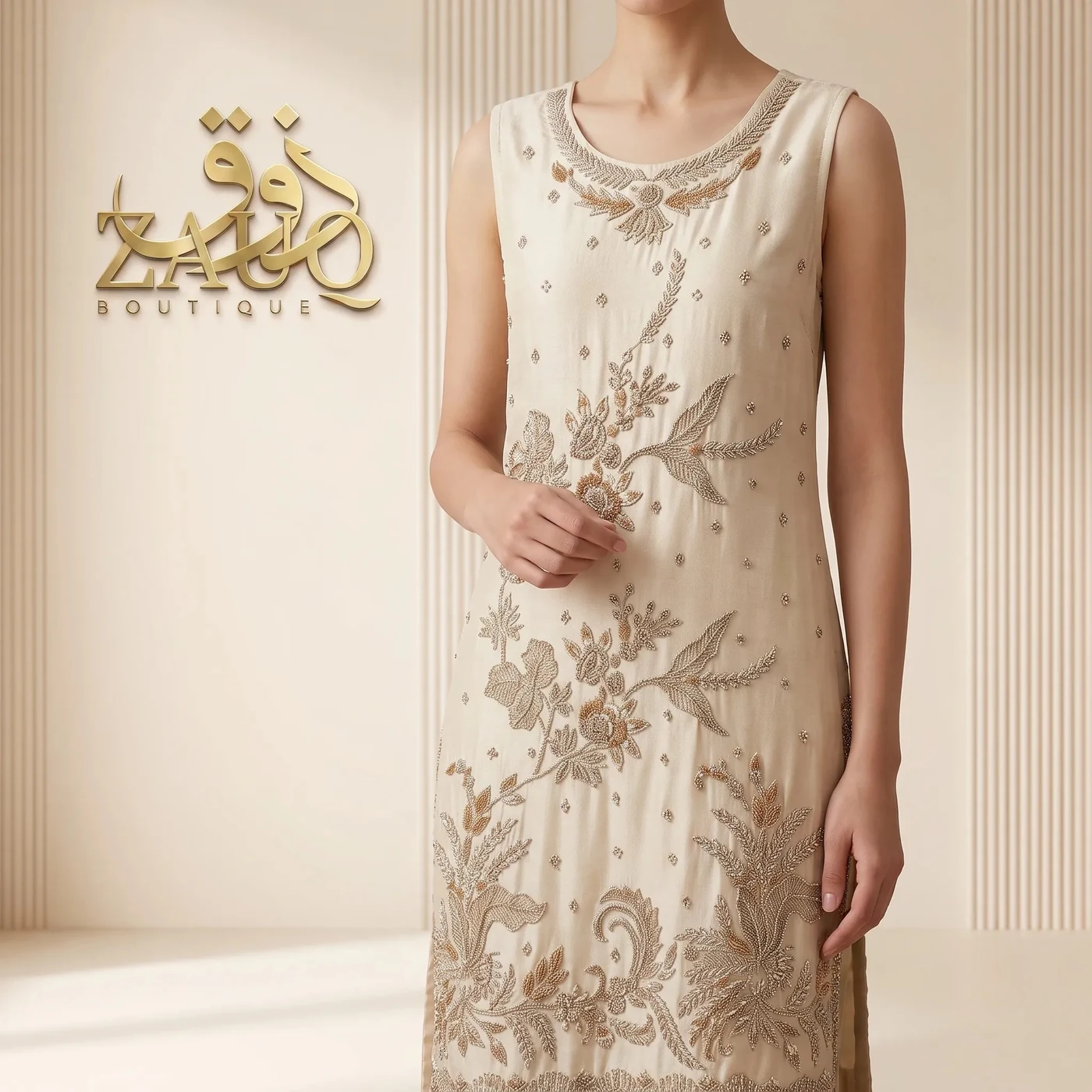 A front-open ivory shirt with tonal thread work.