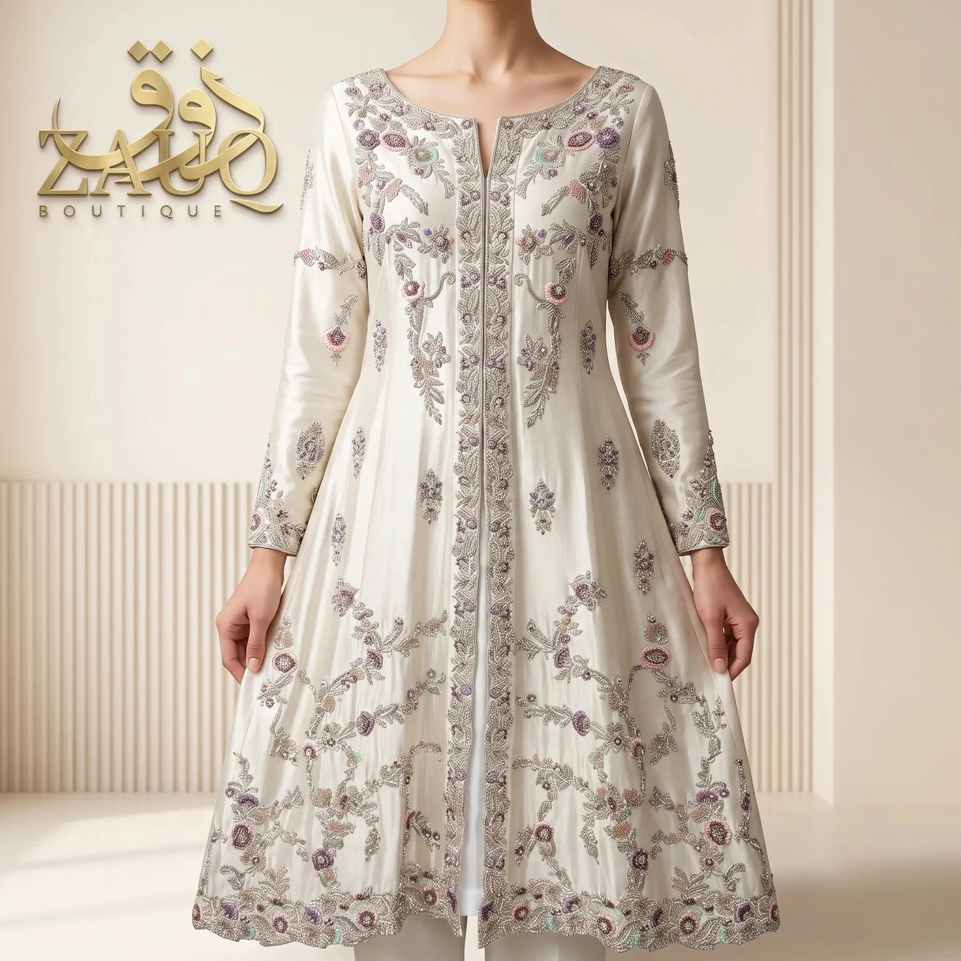 A flared front-open frock in ivory net with silver sprigs.