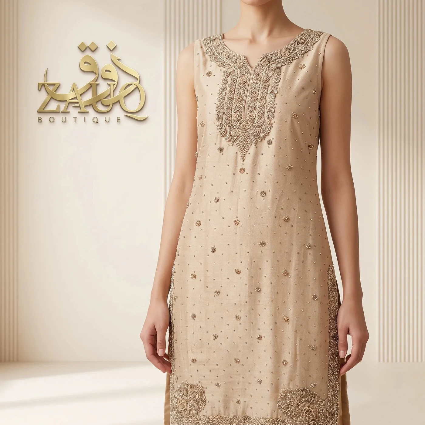 Champagne silk with a worked neckline and border.