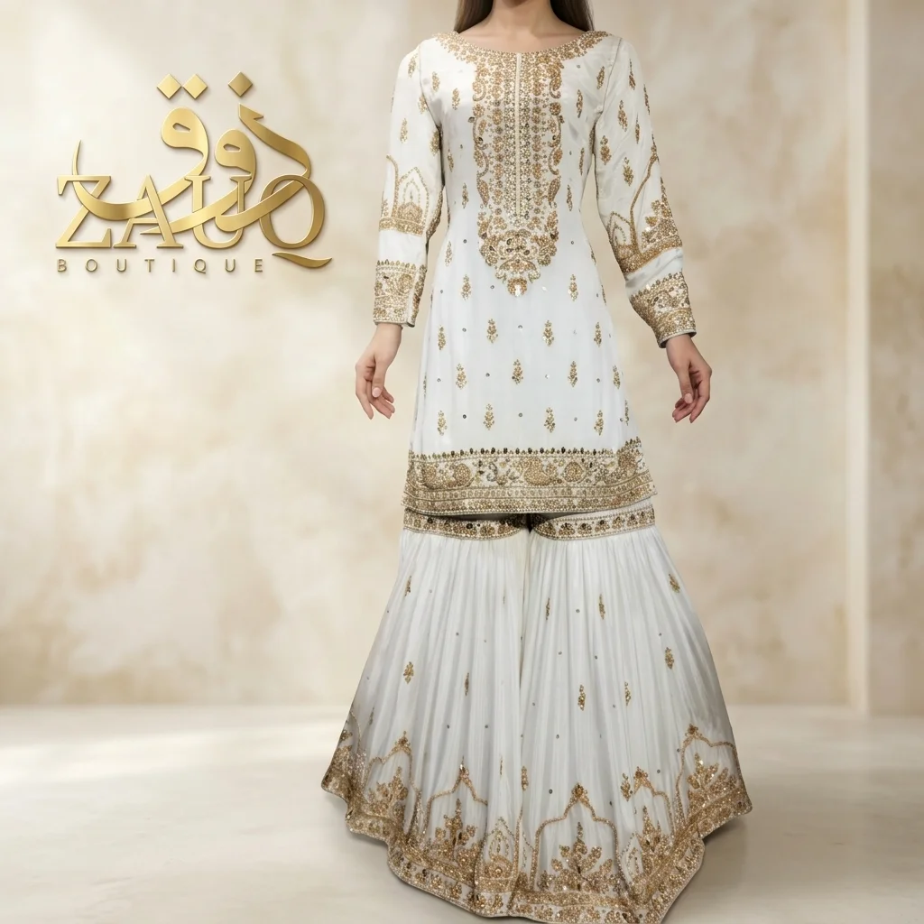 Marigold gharara with dense silver and gold thread work on the shirt and flared panels below